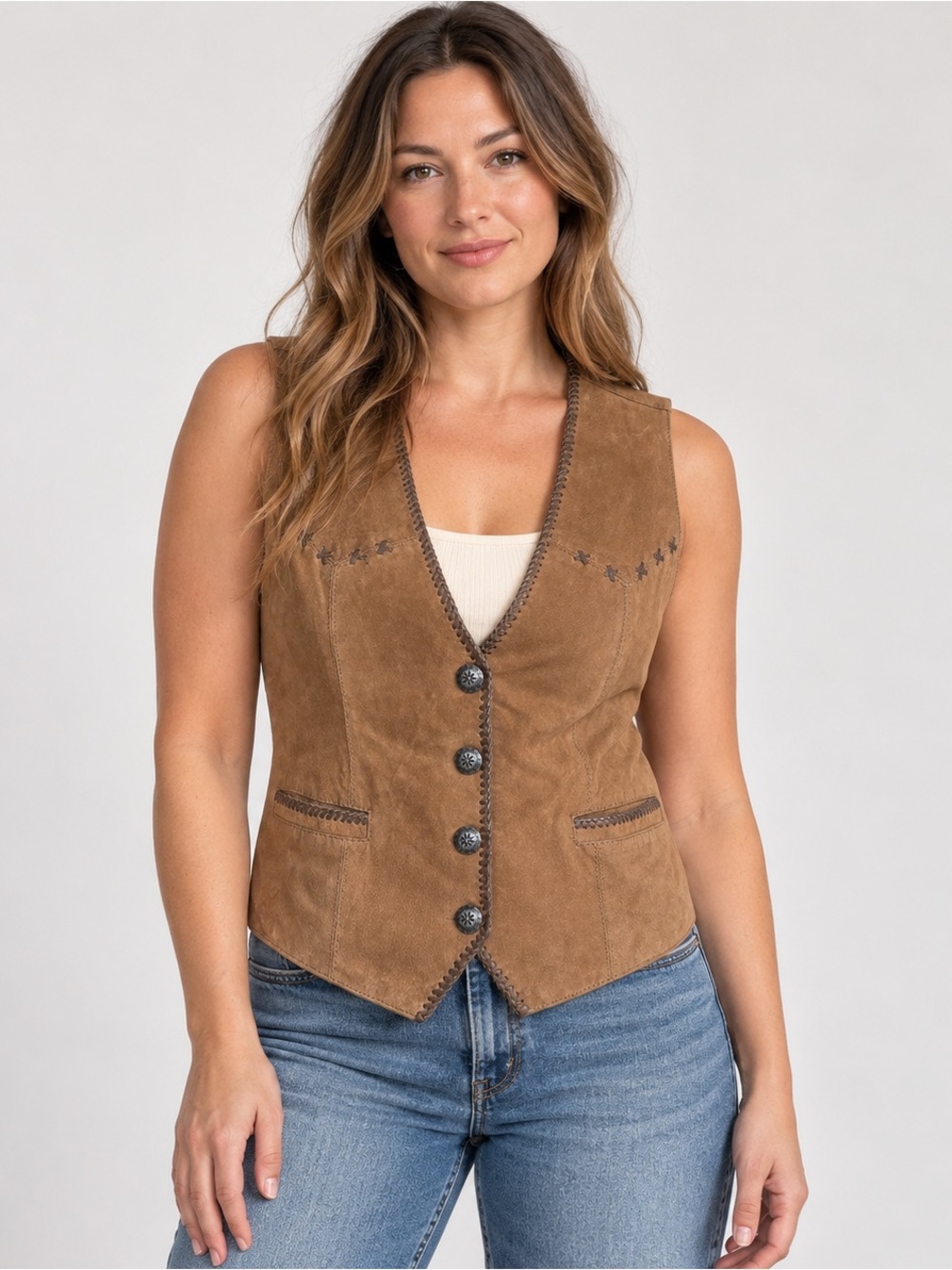 Cripple Creek Suede Leather Western Vest M Brown Concho 70s Style Cowgirl